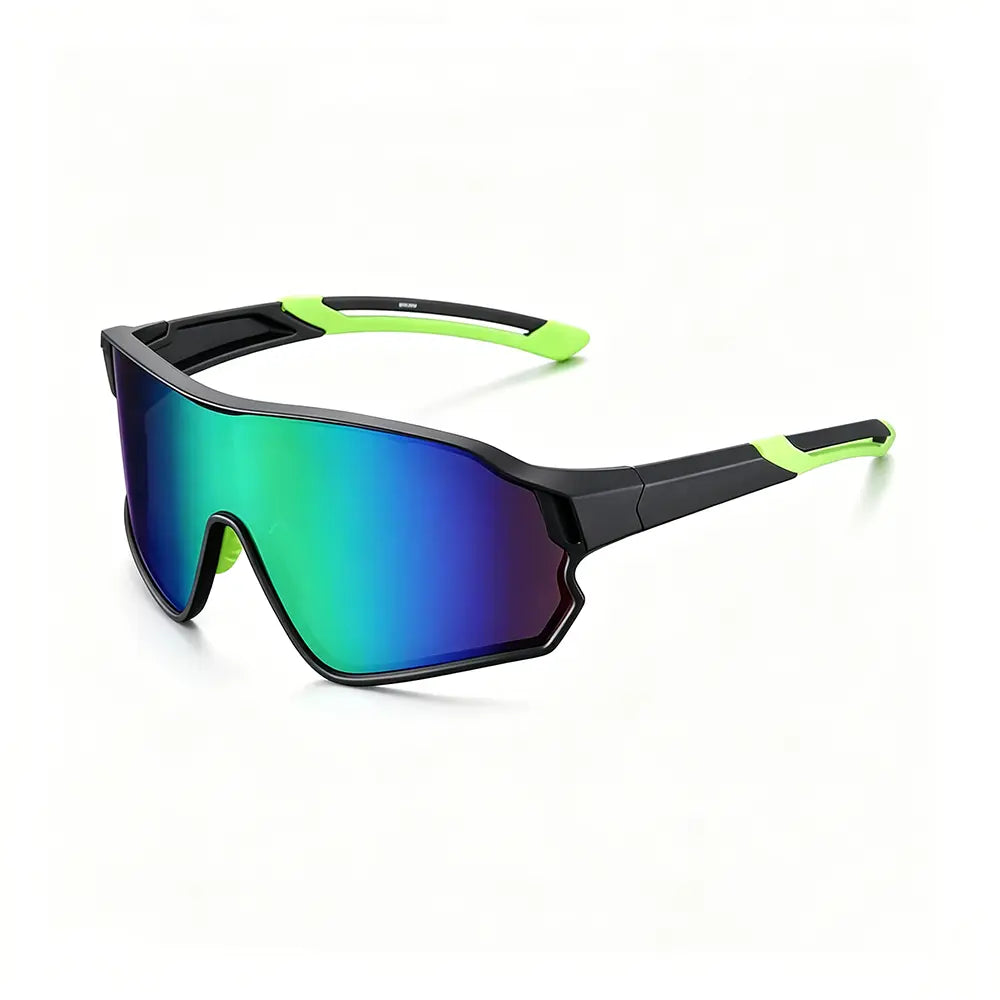 Sunglasses with green and black frame and multicolored lens on a white background
