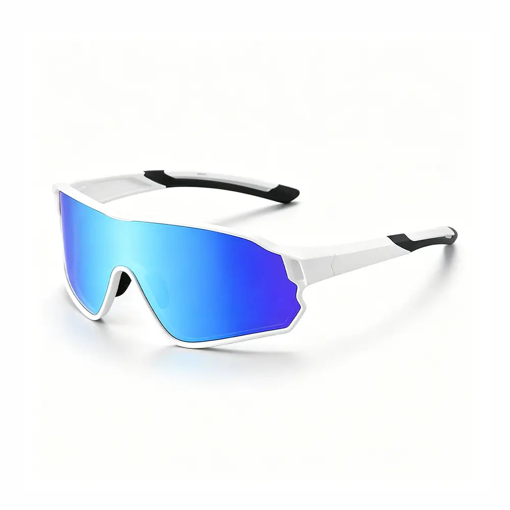 Sunglasses with blue reflective lenses and white frame on a white background