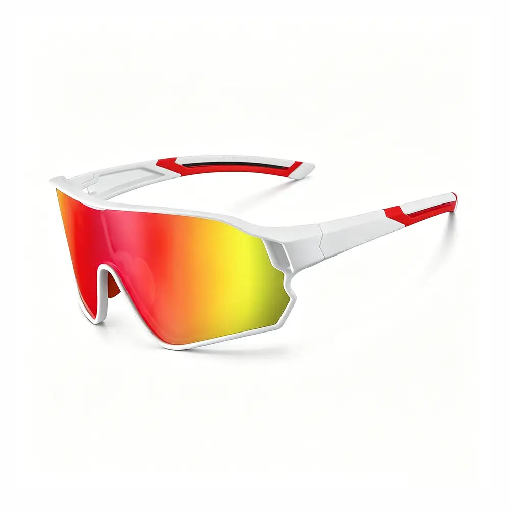 Sunglasses with red and yellow reflective lenses on a white background