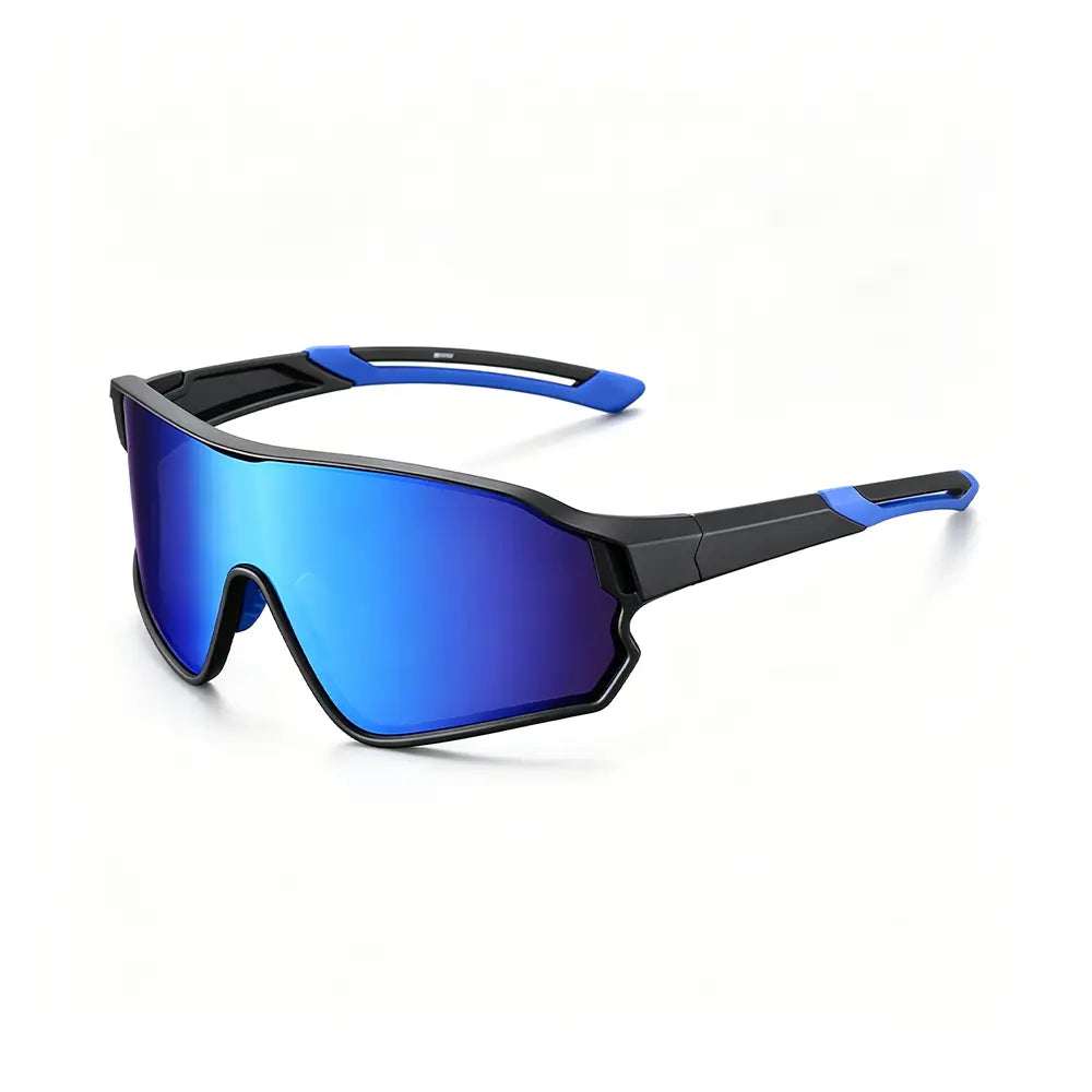 Sunglasses with blue reflective lenses and black frames on a white background